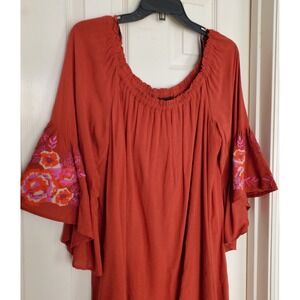 Floral Embroidered Bell Sleeve Dress Orange Rust Boho Off Shoulder SZ 12